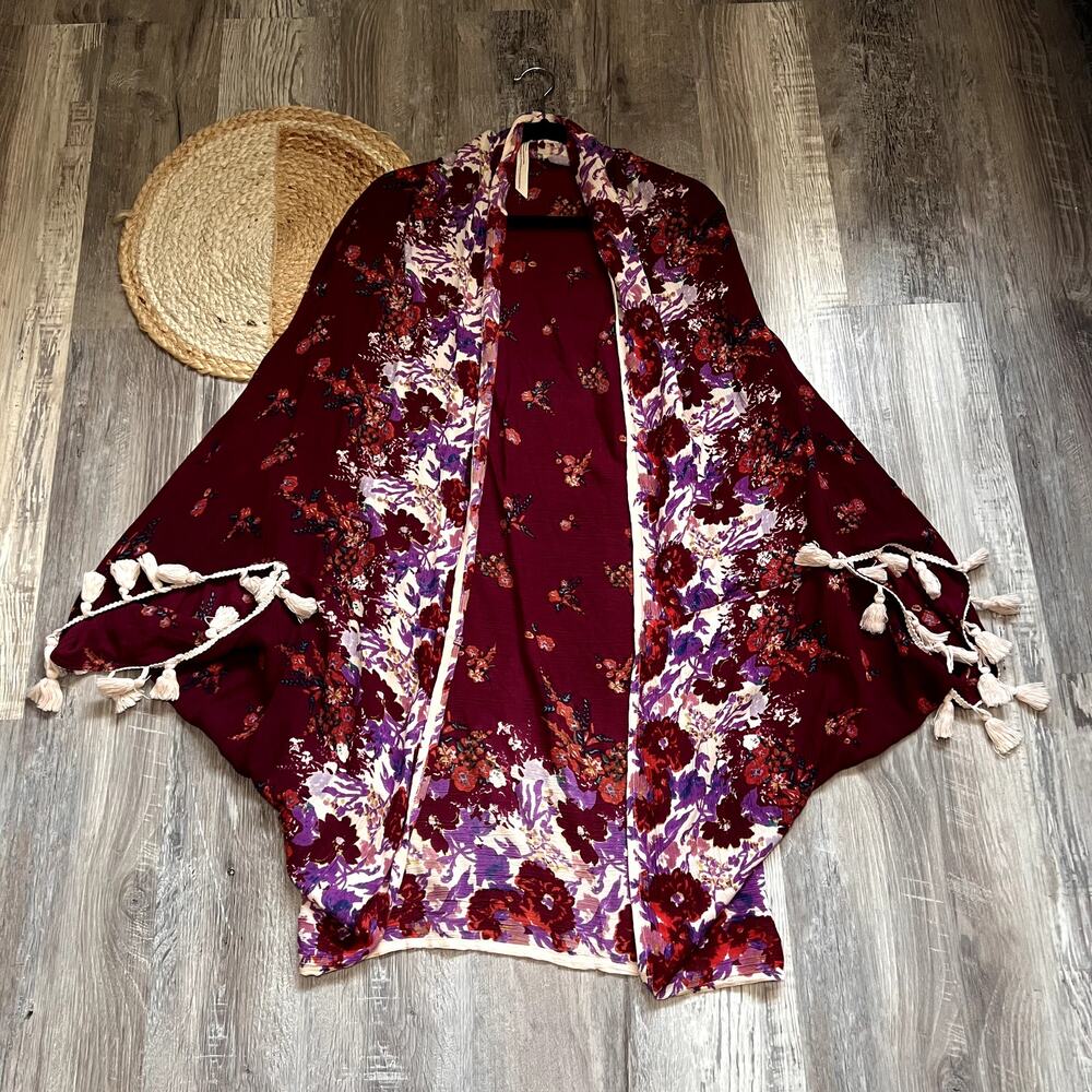 FREE PEOPLE Floral Kimino Cardigan Burgandy Purple Tassel Sleeve-One Size